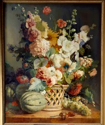 Flores e frutas em uma cesta de vime. Quadro de Antoine Berjon