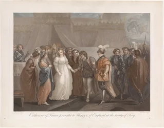 Catherine van Valois e koning Hendrik V van Engeland Catarina da França apresentada a Henrique V. da Inglaterra, no tratado de Tróia (título do objeto)