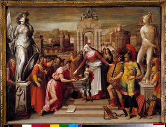 História da Rainha Artemise Iere de Halicarnasse: "A entrega do livro e a epee" Pintura de Antoine Caron (1521-1599) Sol do século XVI. 0,51x0,67 m Beauvais, Musee departemental de l