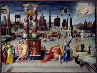 A Sibila de Tibur. O imperador romano Augusto pergunta à Sibila se existe um homem maior do que ele. Uma virgem aparece-lhe com uma criança nos braços, prevendo assim a vinda do Salvador. Pintura de Antoine Caron (1521-1599), cerca de 1575-15