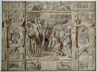 A Submissão de Milão As tropas de François I tomaram a cidade de Milão após a vitória na Batalha de Marignan em 1515. Desenho em caneta e lavagem por Antoine Caron (1521-1599) Paris do século XVI, Museu do Louvre