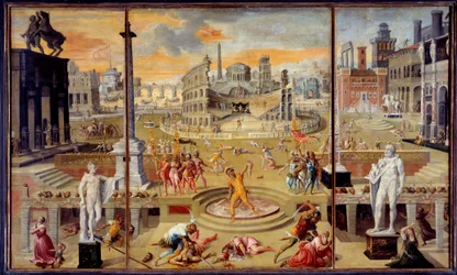 Os massacres do triunvirato: este é o massacre da oposição republicana, que teve lugar em Roma em 43 a.C. pelo triunvirato de Octávio César (Augusto), António e Lépido. 1566. Altura 1,16 x 1,95 m, Paris, L.