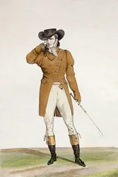 Um Dandy vestido com um chapéu em forma de barco, uma jaqueta de cor parda e calções de pele de gamo, placa 1 da série de placas de moda "Incroyable et merveilleuses", gravada por Georges Jacques Gatine (1773-183).
