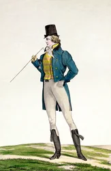 Um Dandy em um chapéu de Robinson, com cachos infantis, calças de malha e botas de montaria, placa 5 na série Incroyable et merveilleuse de placas de moda, gravada por Georges Jacques Gatine (1773-1831)
