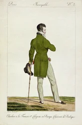 Um Dandy com um penteado &39;François I&39; e uma coleção de encantos e bugigangas, prato 3 na série de pratos de moda &39;Incroyable et merveilleuses&39;, gravada por Georges Jacques Gatine (1773-1831) pub