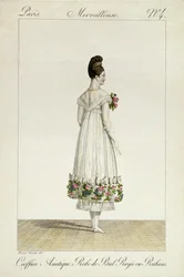 Uma senhora com um penteado asiático em um balldress aparado com fitas, placa 4 da série de placas de moda &39;Incroyable et merveilleuse&39;, gravada por Georges Jacques Gatine (1773-1831) publicado 1