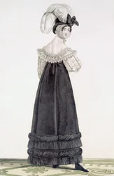 Senhora de veludo vestido de noiva, placa 24 do &39;Incroyable et merveilleuse&39;, gravada por Georges Jacques Gatine (1773-1831), pub. Paris, 1797 (gravura aquatinta)