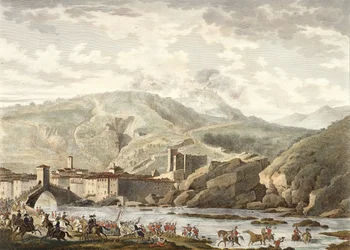 A Batalha de Millesimo, 25 Germinal, Ano 4 (abril de 1796), gravado por Jean Duplessi-Bertaux (1747-1819) (aquatint)