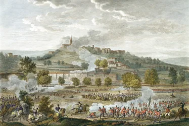 A Batalha de Montebello e Casteggio, 20 Prairial, Ano 8 (9 de junho de 1800), gravado por Jean Duplessi-Bertaux (1747-1819) (aquatint)