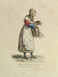 O vendedor de bolo de Nanterre, número 10 da série &39;Os gritos de Paris&39;, gravado por Francois Seraphin Delpech (1778-1825) (cor litho)