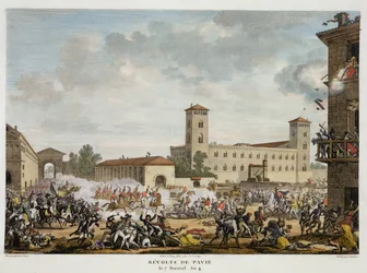 A Revolta de Pavia, 7 Prairial, Ano 4 (maio de 1796) gravado por Jacques Joseph Coiny (1761-1809) (aquatint)