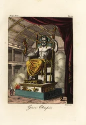 Estátua de Zeus ou Júpiter em Olímpia, colossal figura sentada do escultor grego Fídias por volta de 435 a.C. no santuário de Olímpia, Grécia