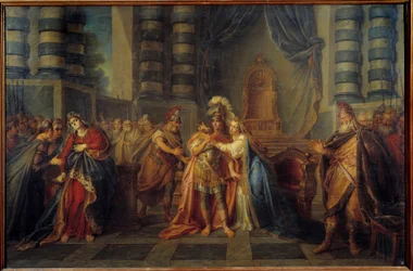 Cleopatre engolindo o veneno Representação da última cena do acto I "Rodogune" de Pierre Corneille. Pintura de Charles Antoine Coypel (1694-1752) 1749 Sol. 1,3x1,95 m