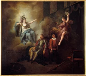 Dom Quixote delicia-se com a sua loucura através da Sabedoria. "O Engenhoso Cavalheiro Dom Quixote de La Mancha" de Miguel de Cervantes Saavedra (1547-1616). Pintura de Charles Antoine Coypel (1694-1752), entre 1714 e 1734. Óleo sobre tela. Dim: 1,24 x 1,4