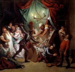 Dom Quixote destrói os fantoches que julga serem mouros. «O Engenhoso Fidalgo Dom Quixote de la Mancha», de Miguel de Cervantes Saavedra (1547-1616).