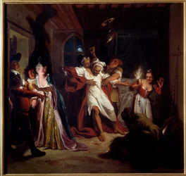 Dormir Dom Quixote luta com as peles. "O Engenhoso Cavalheiro Dom Quixote de La Mancha" de Miguel de Cervantes Saavedra (1547-1616). Pintura de Charles Antoine Coypel (1694-1752), entre 1716. Óleo sobre tela. Dim: 1,23 x 1,28m. Compiegne, Musee National