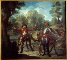 A história de Dom Quixote: Sancho acorda e desespera para não encontrar o seu amado Grison. "O Ingenioso Cavalheiro Dom Quixote de La Mancha" de Miguel de Cervantes Saavedra (1547-1616). Pintura de Charles Antoine Coypel (1694-1752)