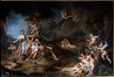 O encantador Armide que quer apunhalar Renaud cede ao Amor (também chamado "O Sono de Renaud"). Ilustração de uma cena de "The Jerusalem Delivree" (La gerusalemme liberata) de Torquato Tasso (conhecida como a Caneca). Pintura de Charles Antoine Coypel (16