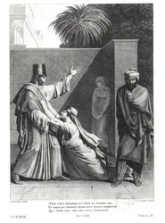 Esther Implorando Assuerus na Presença de Aman, ilustração de Esther por Jean Racine (1639-99) gravada por JJ Coiny (1761-1809)