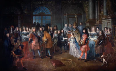 Casamento de Luís de França Duque de Borgonha e Marie Adelaide de Sabóia em 7/12/1697 A cerimónia realiza-se na presença do Rei Luís XIV (1638-1715) no centro. Os jovens casados são abençoados pelo Cardeal de Coislin. Pintura de Antoine Dieu (166