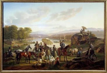 A paragem dos artistas de Lyon na ilha Barbe em Lyon Pintores e músicos descansam durante um passeio a cavalo. Pintura de Antoine Duclaux (1783-1868) 1824 Sol. 0,86x1,31 m Lyon, Musee des Beaux Arts