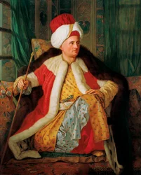 Retrato de Charles Gravier Conde de Vergennes e Embaixador francês, em traje turco - Pintura de Antoine de Favray (1706-1791), óleo sobre tela