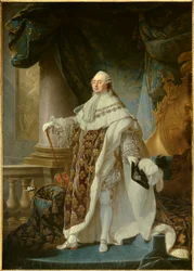 Portrait en pied du roi de France Louis XVI (1754-1793), vestindo o grande traje real em 1779 Pintura de Antoine Francois (Antoine-Francois) Callet (1741-1823) 1779 Dim. 2,7x1,89 m - - Retrato do rei da França Luís XVI (1754-1793), em seu coro