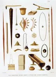 Utensílios domésticos e armas das Ilhas Marianas, da Voyage autour du Monde (1817-20), de Louis Claude Desaulses de Freycinet (1779-1842) gravada por Jean Louis Denis Coutant (1776-1831), p