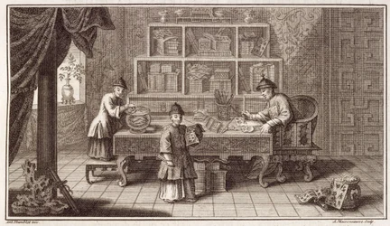 Uma loja de caligrafia chinesa, de uma conta da Embaixada da Holanda na China, gravada por A. Maisonneuve, c.1670s