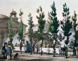 Fritadeiras no Panteão durante a festa de São José, gravada por Antoine Jean-Baptiste Thomas (1791-1834) de Un an a Rome et dans ses environs (Um ano em Roma e nos seus arredores), França