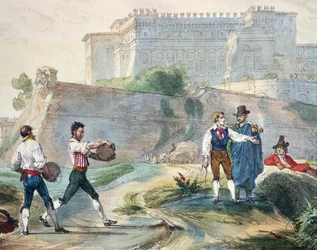 Tocando ruzzica, de Antoine Jean-Baptiste Thomas (1791-1834), litografia a cores de Um ano em Roma e arredores