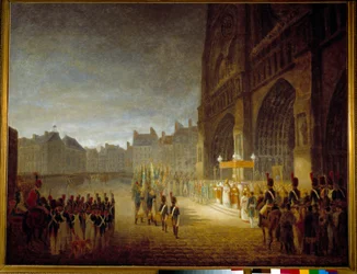 A Bênção das Bandeiras na Praça da Catedral Notre Dame de Paris em 1804 Pintura atribuída a Antoine Jean Gros (1771-1835) Sol do século XIX. 1,1x1,46 m Paris, Musee Carnavalet