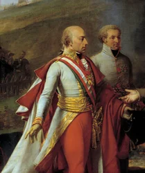Entrevista de Napoleão I (1769-1821) e François II em Sarutschitz na Morávia após a Batalha de Austerlitz, 4/12/1805 Detalhe representando François II da Áustria (1768-1835) (esquerda) e João I do Liechtenstein (1760-1836) (direita). Pintura de Antoine Jea