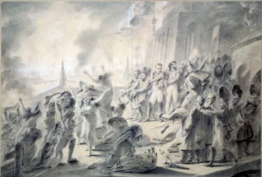 Incêndio de Moscovo 15/09/1812 O governador da cidade, Conde Rostopchina, queimou a cidade quando Napoleão I chegou. Desenho em tinta marrom, lavagem, caneta, lápis e guache por Antoine Jean Gros (1771-1835) 1812 Dim. 0,57x0,84 m Paris, musee du Louvre