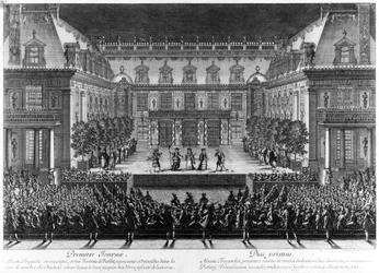 Representação, no pátio de mármore do castelo de Versalhes, de "Alceste" de Jean Baptiste Lully (Giovanni Battista Lulli) (1632-1687), para as celebrações dadas por ocasião do renascimento do Franche Comte (1674). Gravura de Le Pautre (16