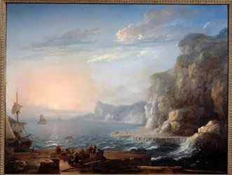 Pôr-do-sol Uma paisagem de falésias e rochas no mar, com os pescadores em primeiro plano. Pintura de Antoine Lebel (1705-1793) Sol do século XVIII. 0,9x1,16 m Rouen, musee des Beaux Arts