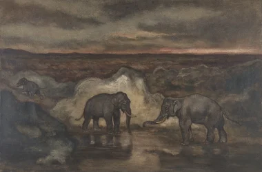 Elefantes à beira de uma piscina, 1810-75.