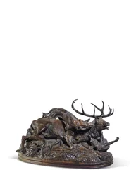Veado de dez pontas pavimentado por dois galgos escoceses, c.1840 (bronze)