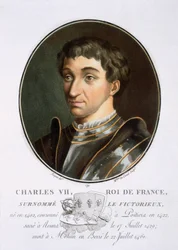 Carlos VII, de retratos de grandes homens, mulheres ilustres e memoráveis súditos da França, grave e impresso em cores, publicado por Pierre Blin, 1786-92, Paris (gravura colorida)