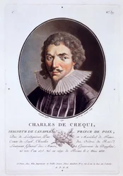 Charles de Crequi, de retratos de grandes homens, mulheres ilustres e temas memoráveis da França, sérios e impressos em cores, publicado por Pierre Blin, 1786-92, Paris (gravura colorida)