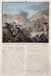 Combate perto de Freiburg, 1643, gravado por Jean Baptiste Morret (fl.1790-1820), 1787 (lito colorido)