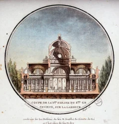 Corte na largura da nova Igreja de Sainte Geneviève, construída de acordo com os desenhos do arquiteto Soufflot, Paris. Em vista prittoresca dos principais edifícios de Paris pelo Sargento