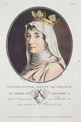 Fredegonde, Rainha dos Francos, de retratos de grandes homens, mulheres ilustres e temas memoráveis da França, sérios e impressos a cores, publicados por Pierre Blin, 1786-92, Paris