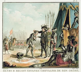 Henri II (1519-59) recebe Jean de Tavanes como um cavaleiro em sua ordem, gravada por Roger, 1788