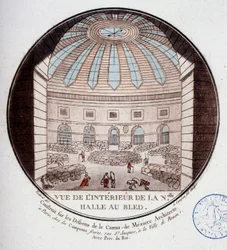 Vista do interior do novo pavilhão do mercado construído por Le Camus de Mézières entre 1763 e 1766, hoje a bolsa de valores em Paris. Em vista prittoresca dos principais edifícios de Paris pelo Sargento