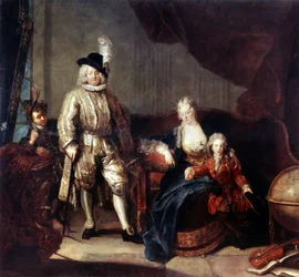 Retrato do Barão von Erlach com a sua família. Pintura por Antoine Pesne (1683-1757), ca. 1710. Óleo sobre tela. Arte alemã em estilo barroco. Museu Hermitage, São Petersburgo