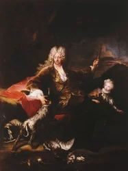 Retrato do marquês Paolo Corbelli, de corpo inteiro, sentado em um banco à beira de um bosque, 1709