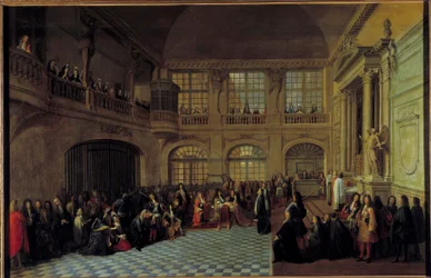 O rei Luís XIV recebe o juramento do marquês de Dangeau, grande mestre das ordens reunidas de Notre Dame du Mont Carmel e São Lázaro, na capela do castelo de Versalhes, em 18/12/1695. Philippe de Courcillon, Marquês de Dangeau (1638-172