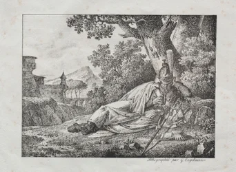 Receuil impressões litográficas: camada de dragão fumando ao pé de uma árvore, 1822.