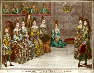 Dança no quarto quarto dos apartamentos da família de Luís XIV (1638-1715) durante as noites de apartamento em Versalhes por volta de 1696: o Duque de Chartres dança o menuet com Mademoiselle na presença da Duquesa do Maine, o Duque de B